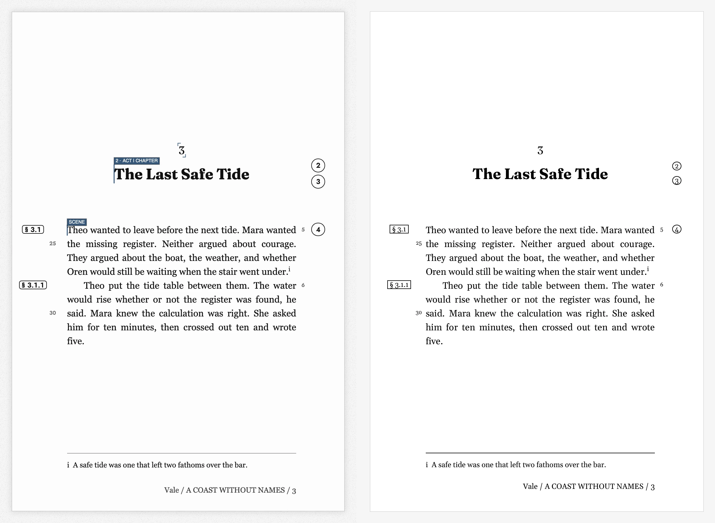 A Canvas page beside its exported PDF page, with every margin number in the same place.