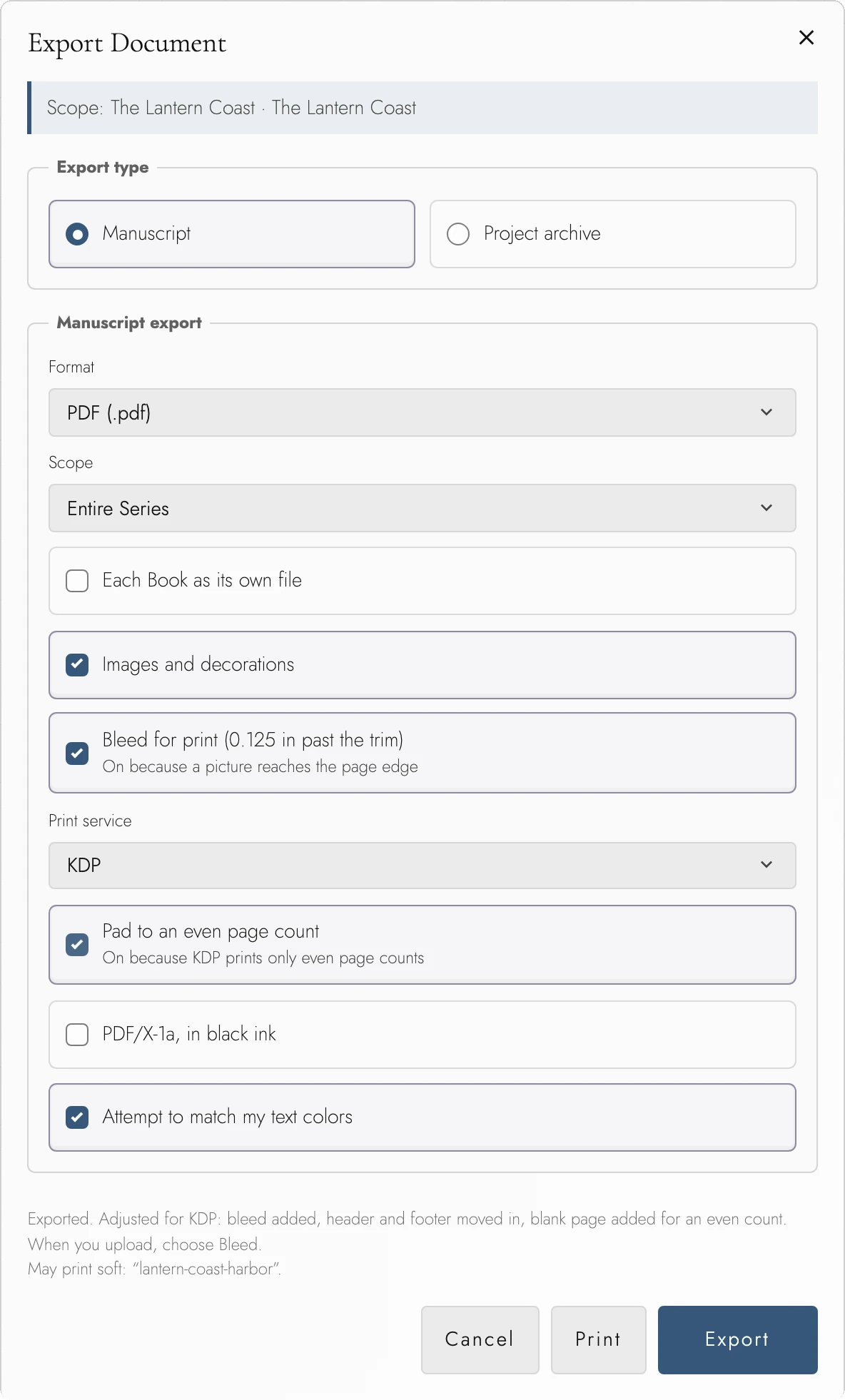 PDF export after the file is saved: Bleed for print and Pad to an even page count are checked with the reason beside each, and a two-line status says what was adjusted.