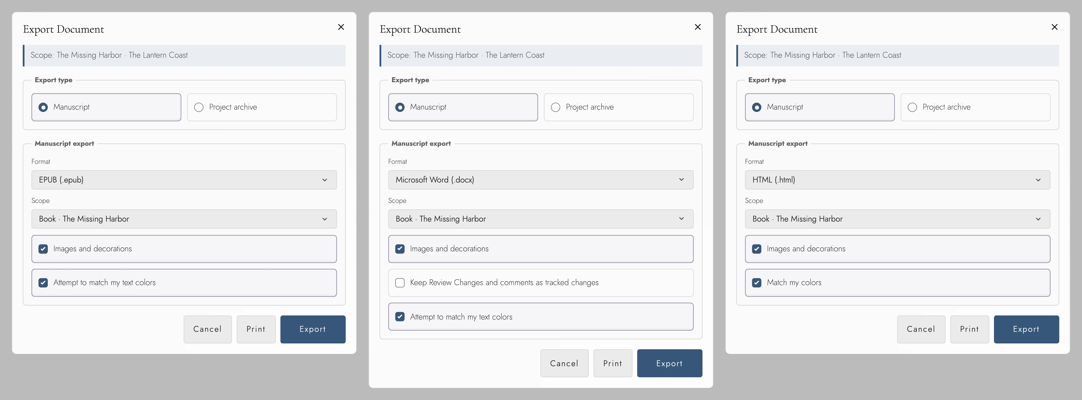 Export options for EPUB, Word, and HTML side by side: Word adds tracked changes, and HTML offers Match my colors.