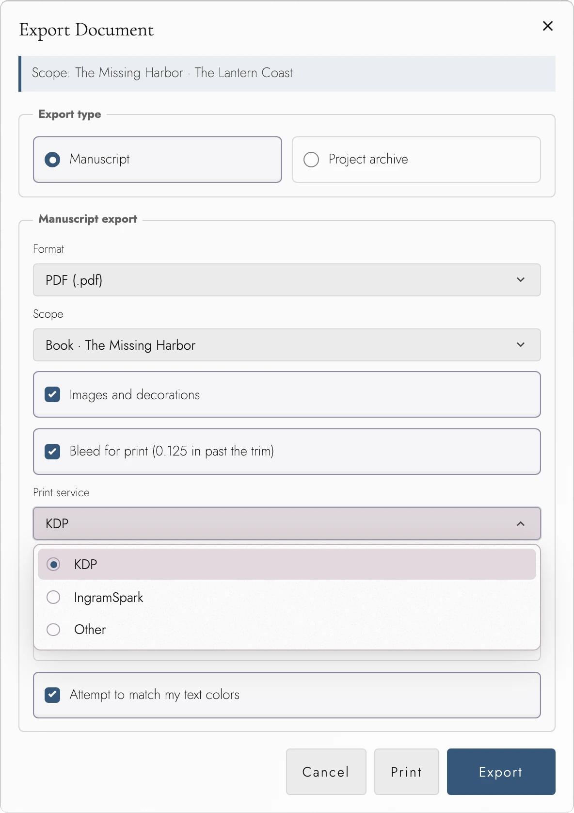 PDF export for one Book with the Print service menu open on KDP, IngramSpark, and Other.