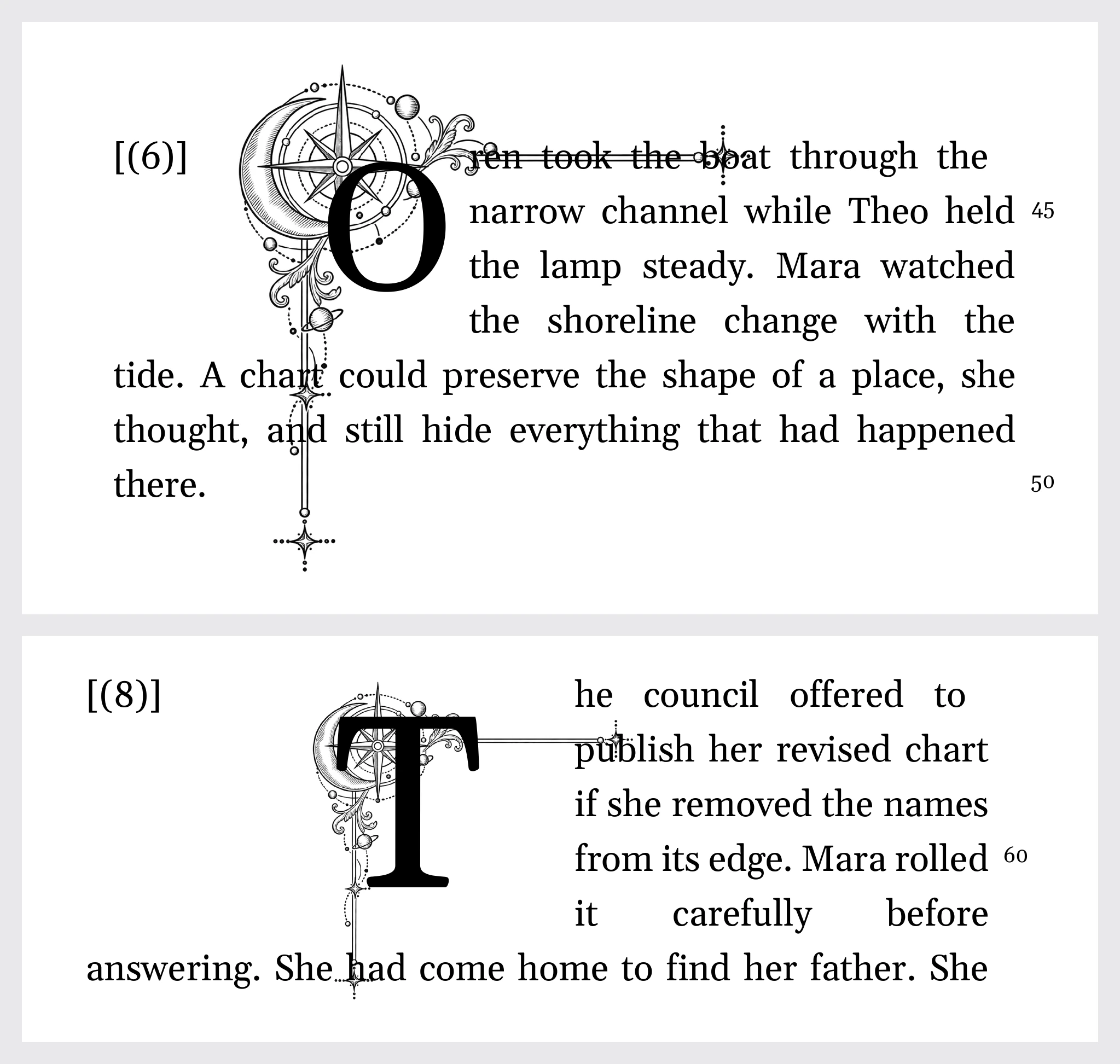 Two exported PDF drop caps with corner flourishes: one at the default, one with a custom flourish size, inset, and offset.