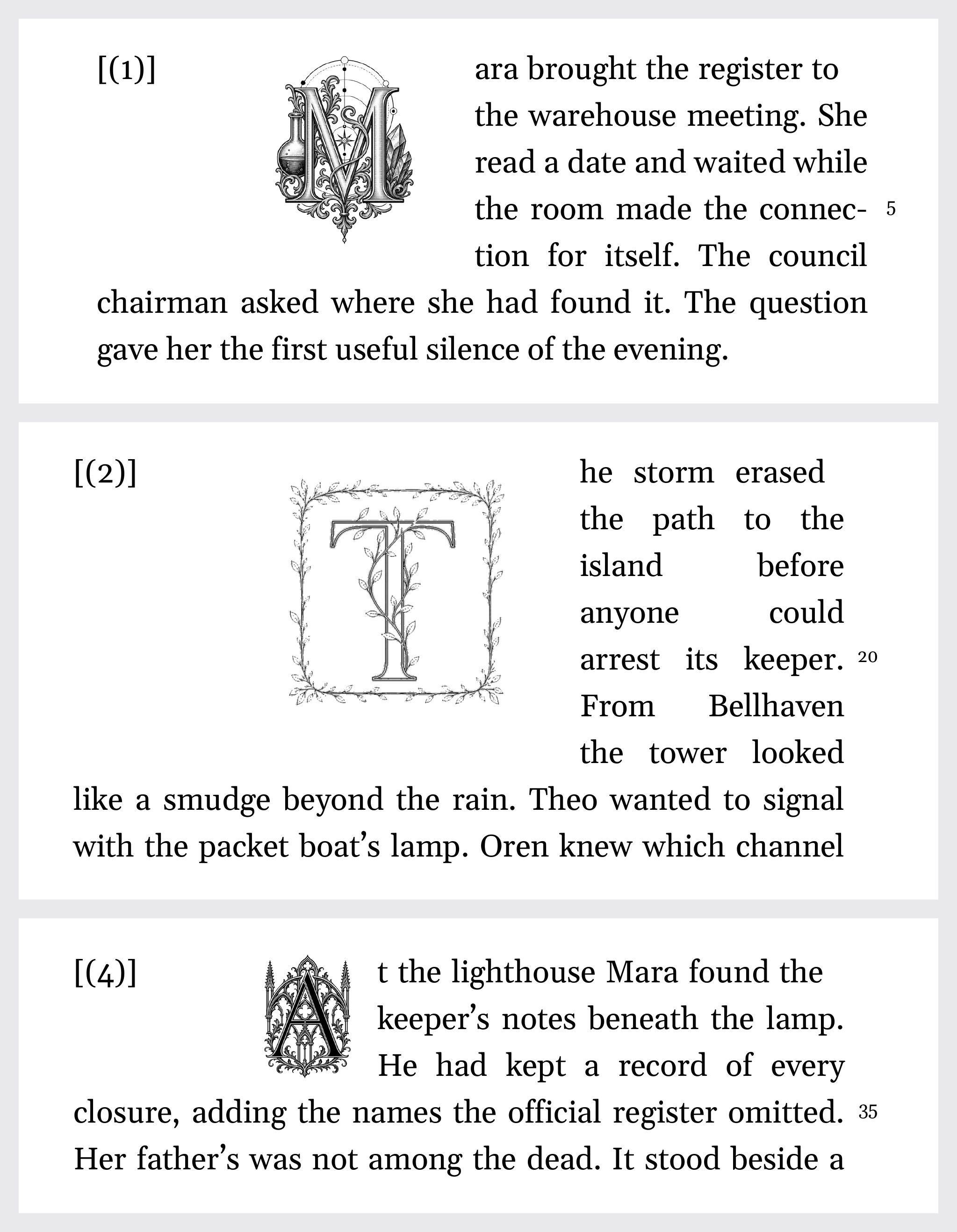 Three exported PDF drop caps: an ornamented letter from the Book’s rule, a framed letter resized and moved, and an ornamented letter at its default.