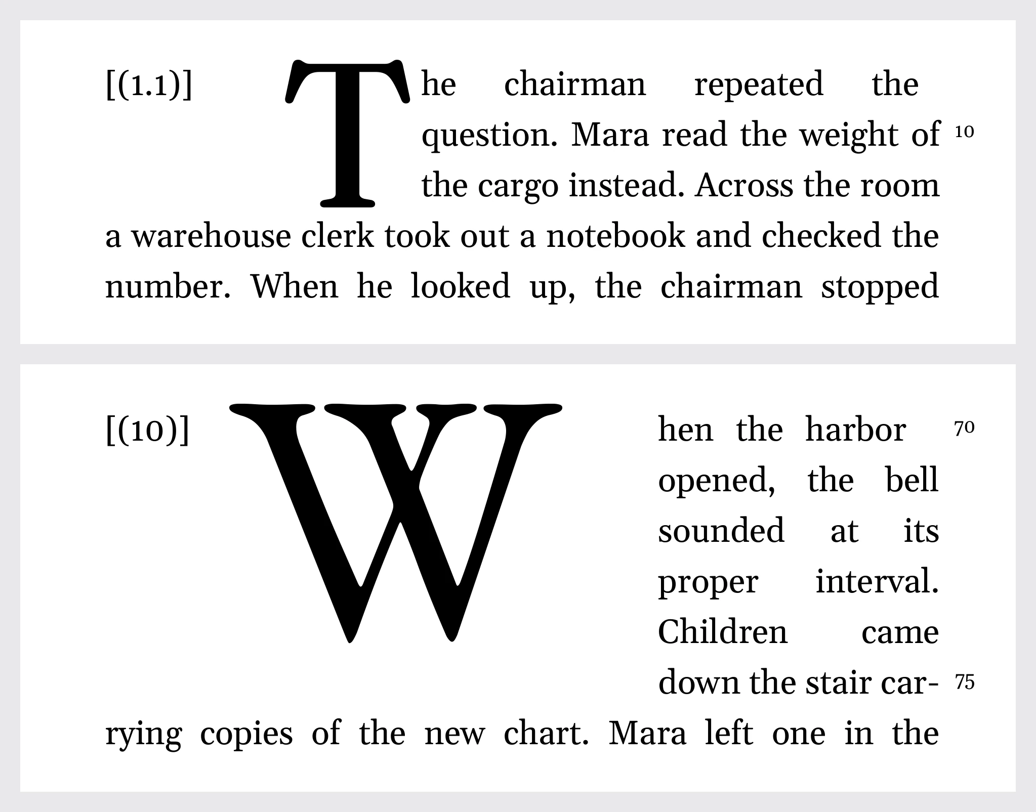 Two exported PDF drop caps set in type, one at its default size and one enlarged, pulled into the margin, and padded.