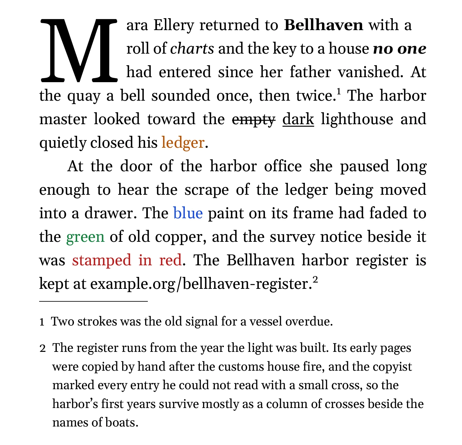 Exported PDF passage with inline formatting and colored words, a link, and two footnotes at the foot of the page.