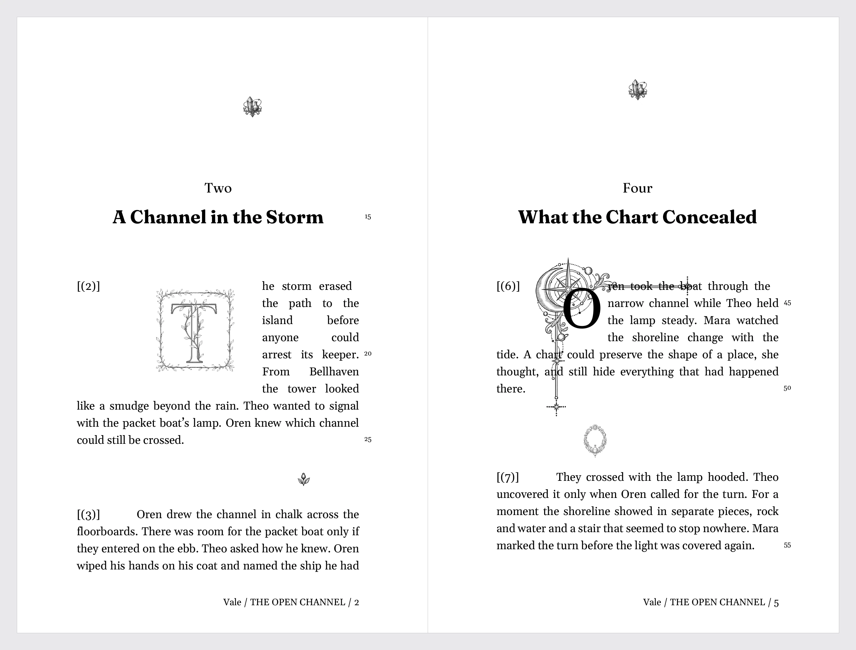 Two exported PDF pages showing a Chapter-opening ornament above the number and title, decorated drop caps, and scene-break ornaments.