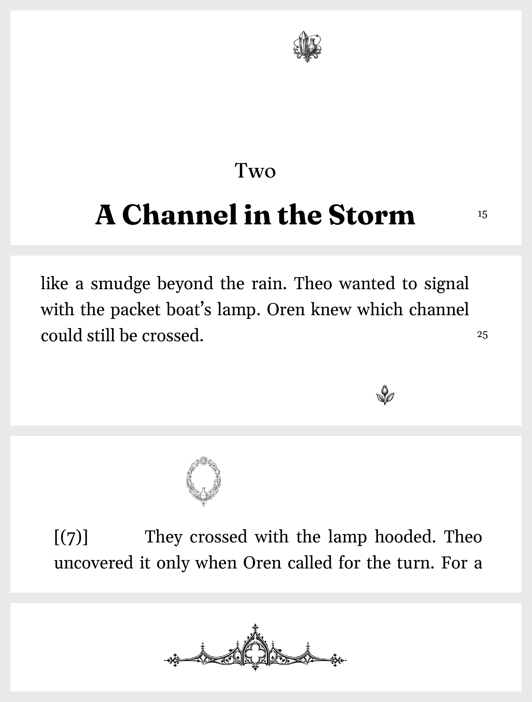 Exported PDF ornaments: a Chapter-opening ornament moved and padded, a scene-break mark moved right, a moved cartouche, and a divider rule.