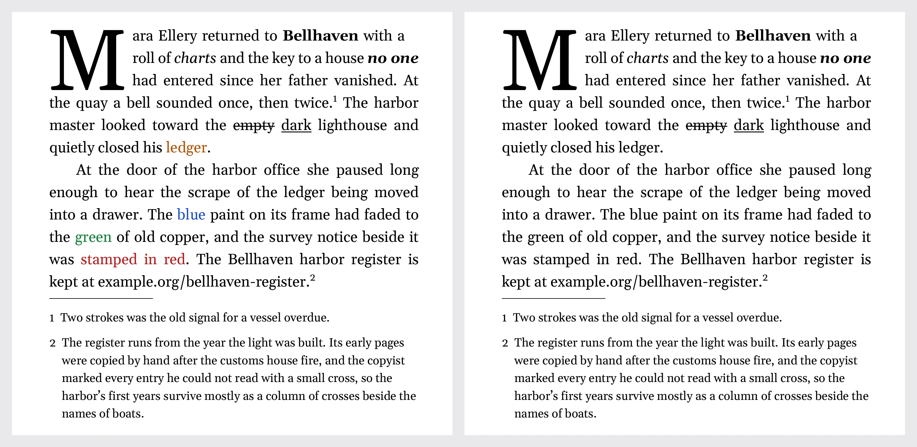 The same exported PDF passage twice: with Attempt to match my text colors on, then off, where colors become standard ink while strikethrough and underline remain.