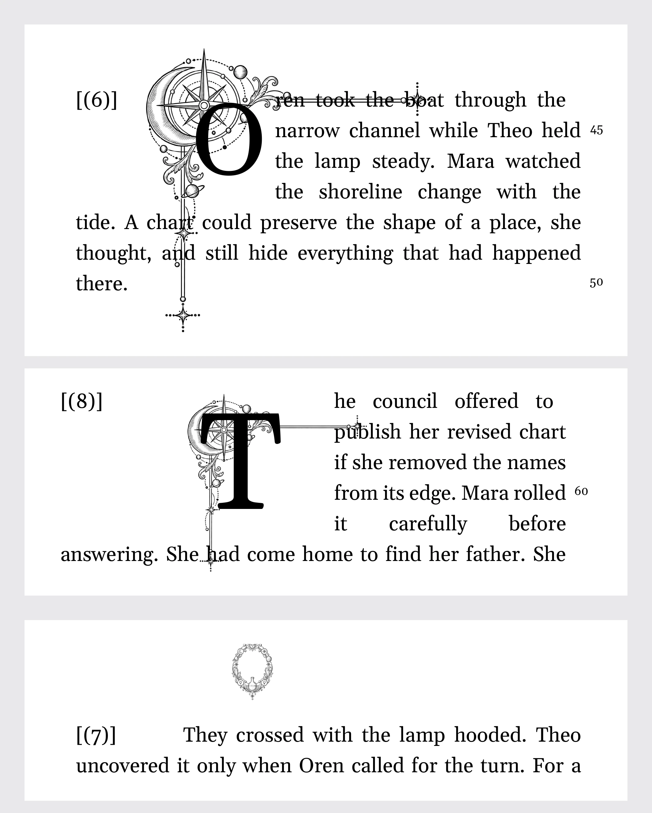 Corner flourishes and a scene-break ornament in a PDF/X-1a black-ink export, converted to gray.