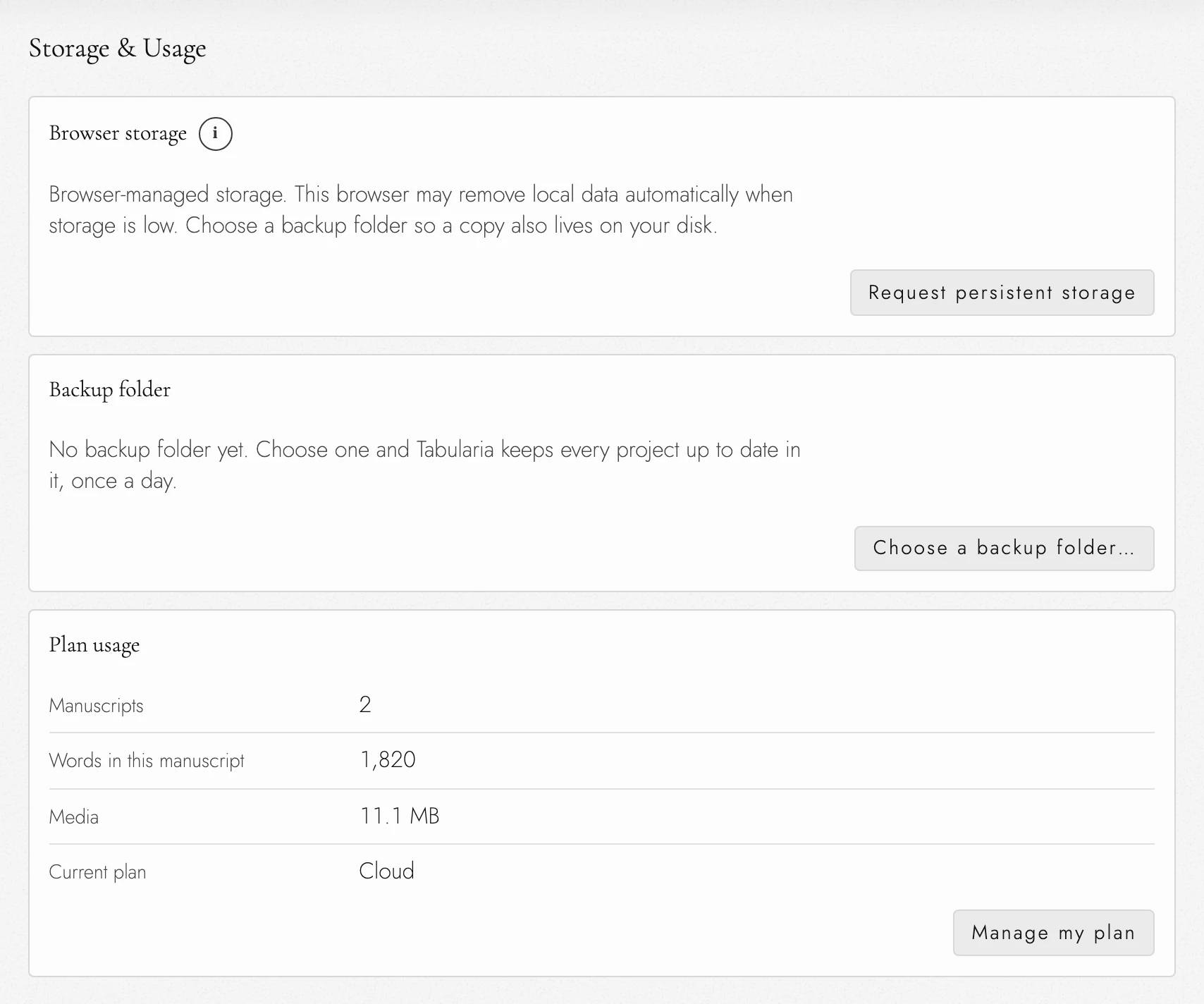 Project storage and media usage.