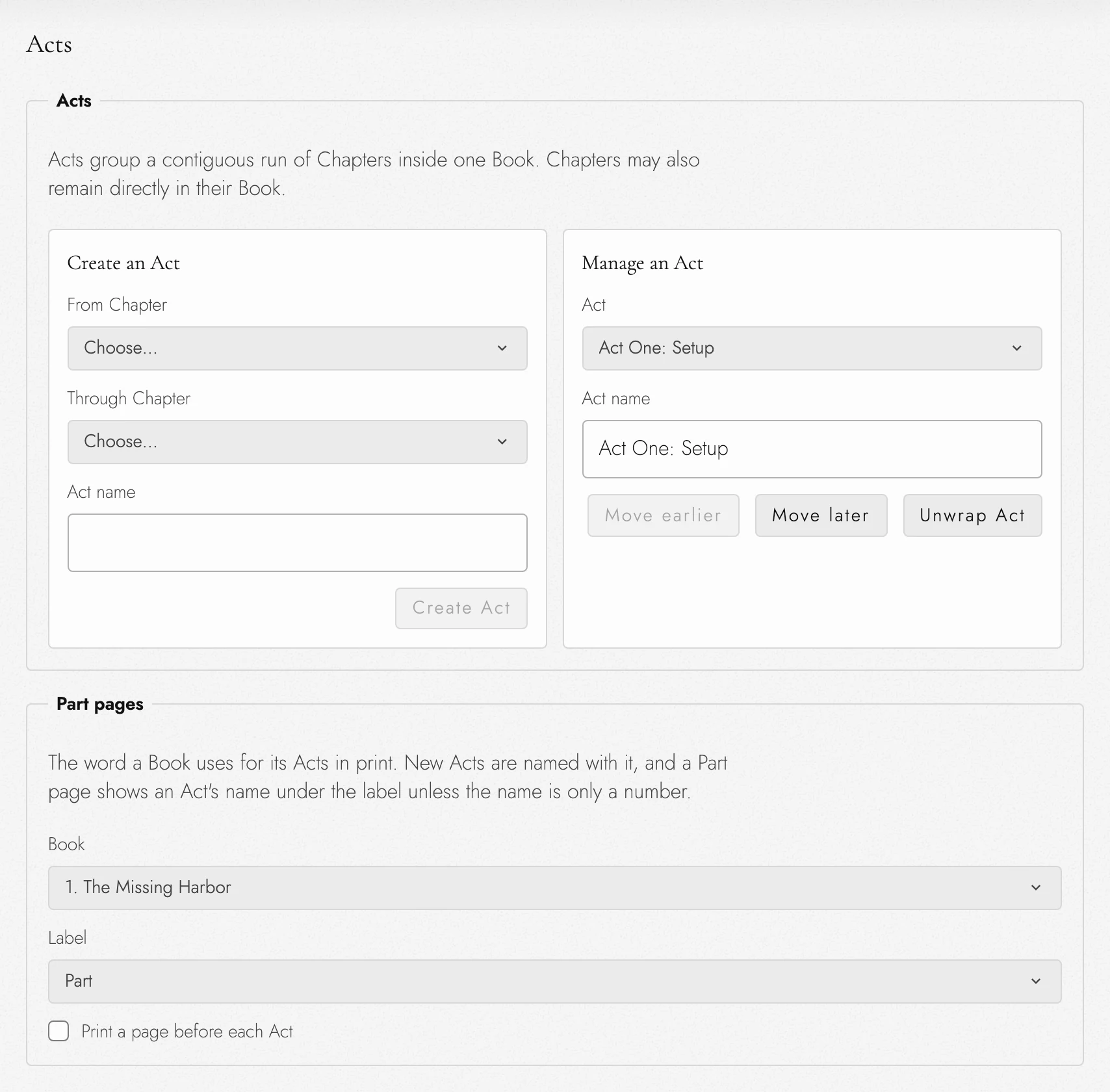 Acts within the selected Book.