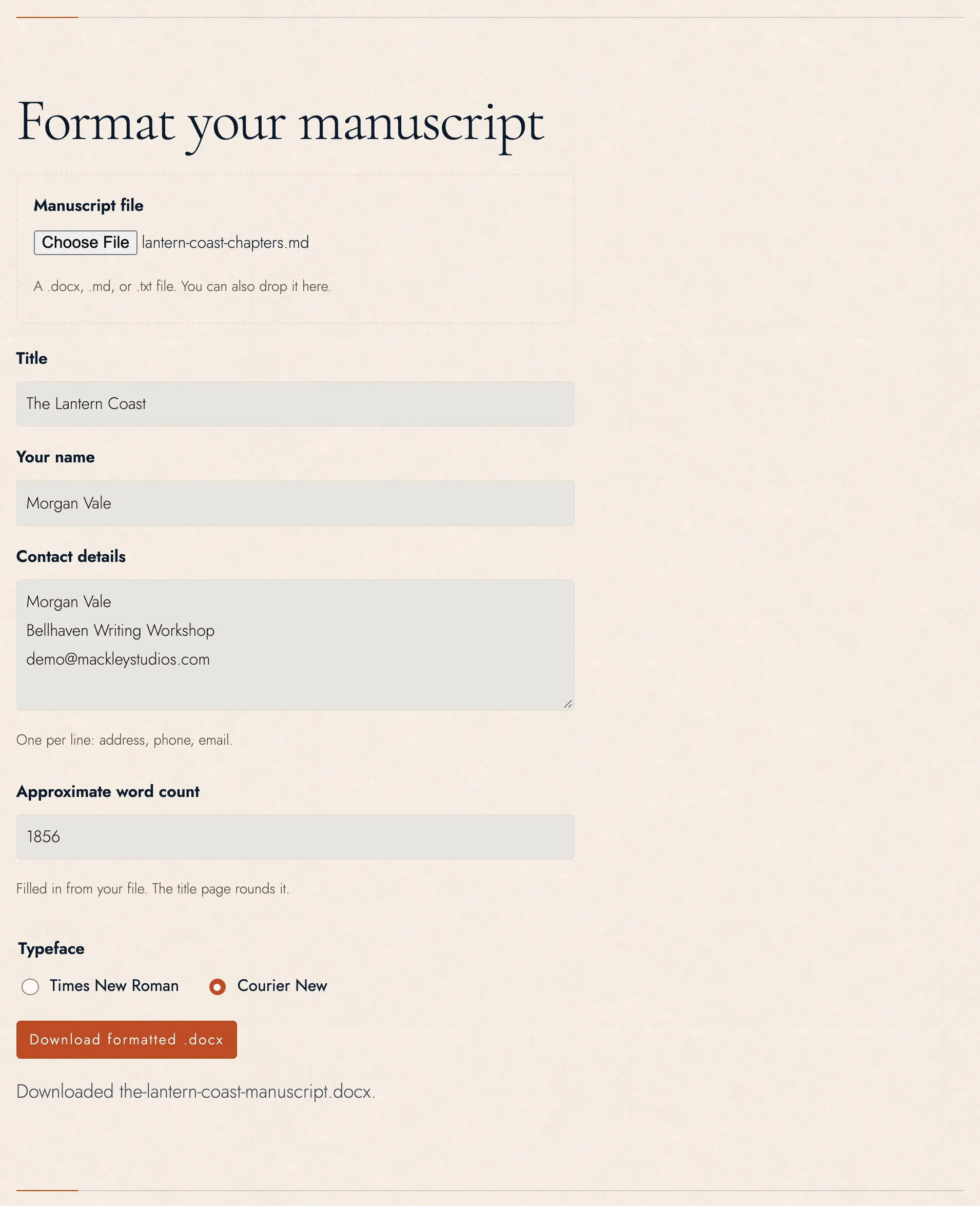 The public Manuscript Formatter prepares a submission DOCX from a local file, with contact details and a choice of Courier New or Times New Roman.