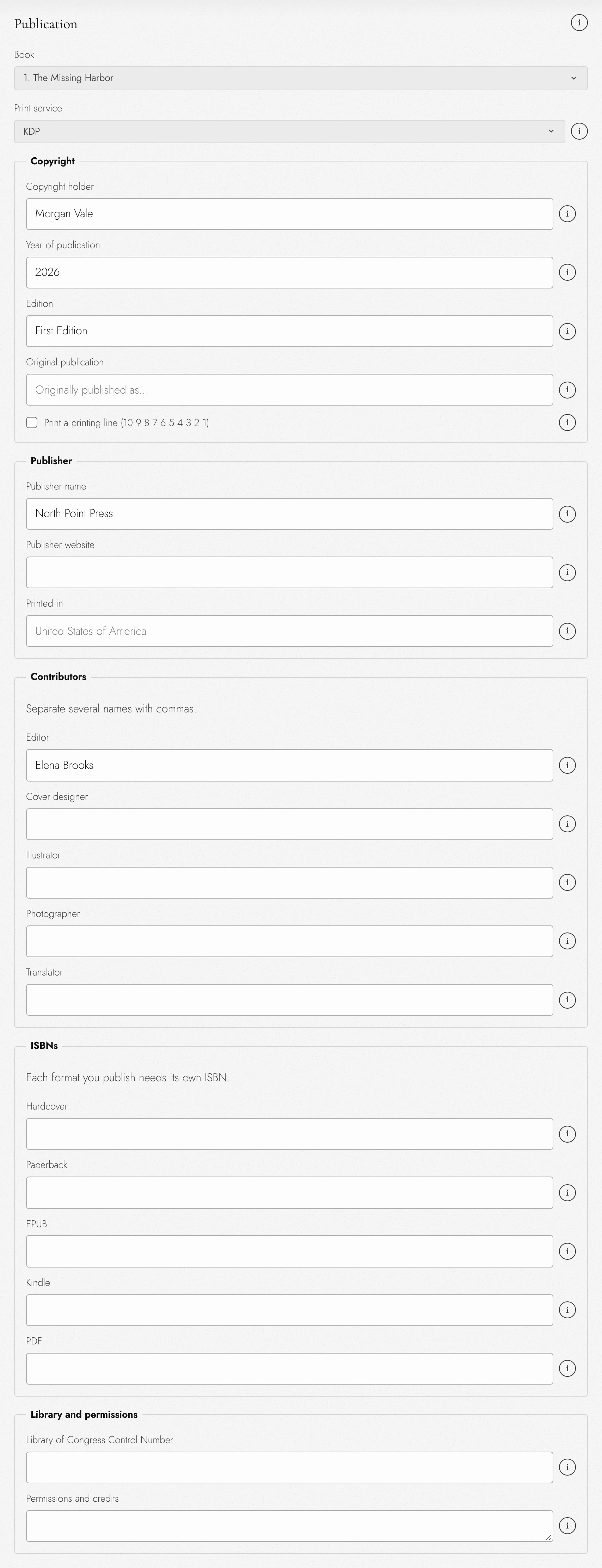 The Book’s print service, publication details, and format-specific ISBNs.