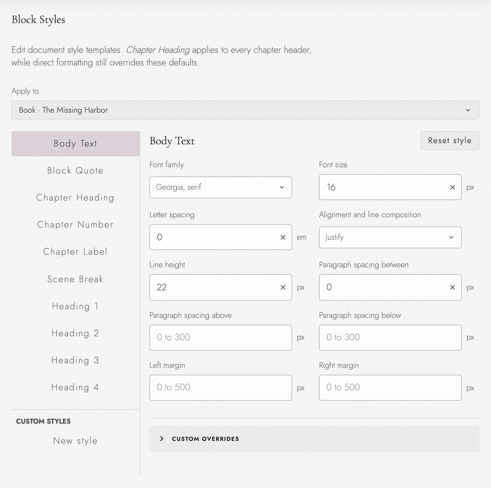 Choose the Book or shared defaults before editing a Block Style. These settings belong to The Missing Harbor.