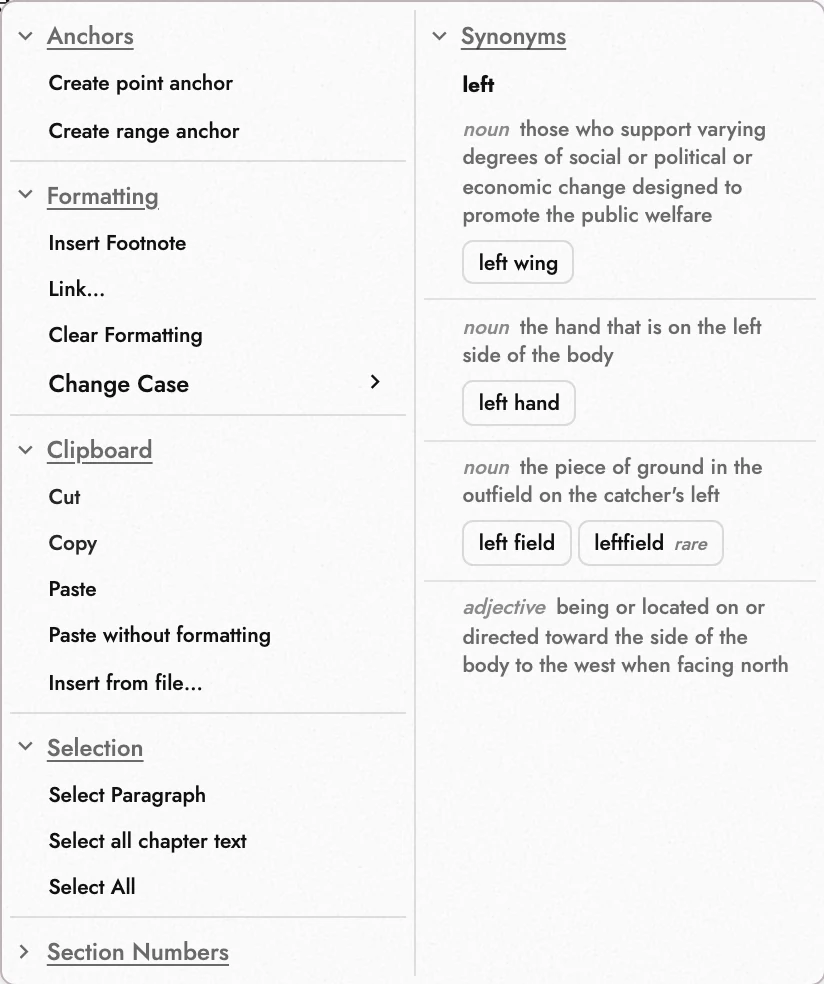 Selection and Clipboard commands.