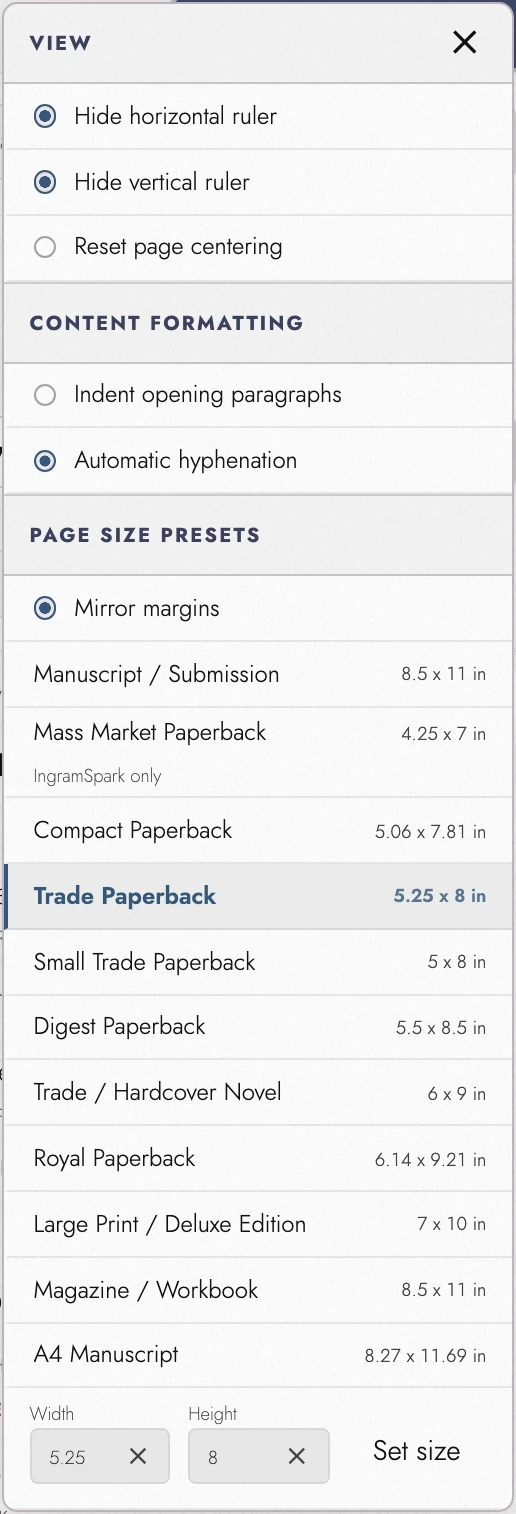 Hyphenation and mirrored page settings.