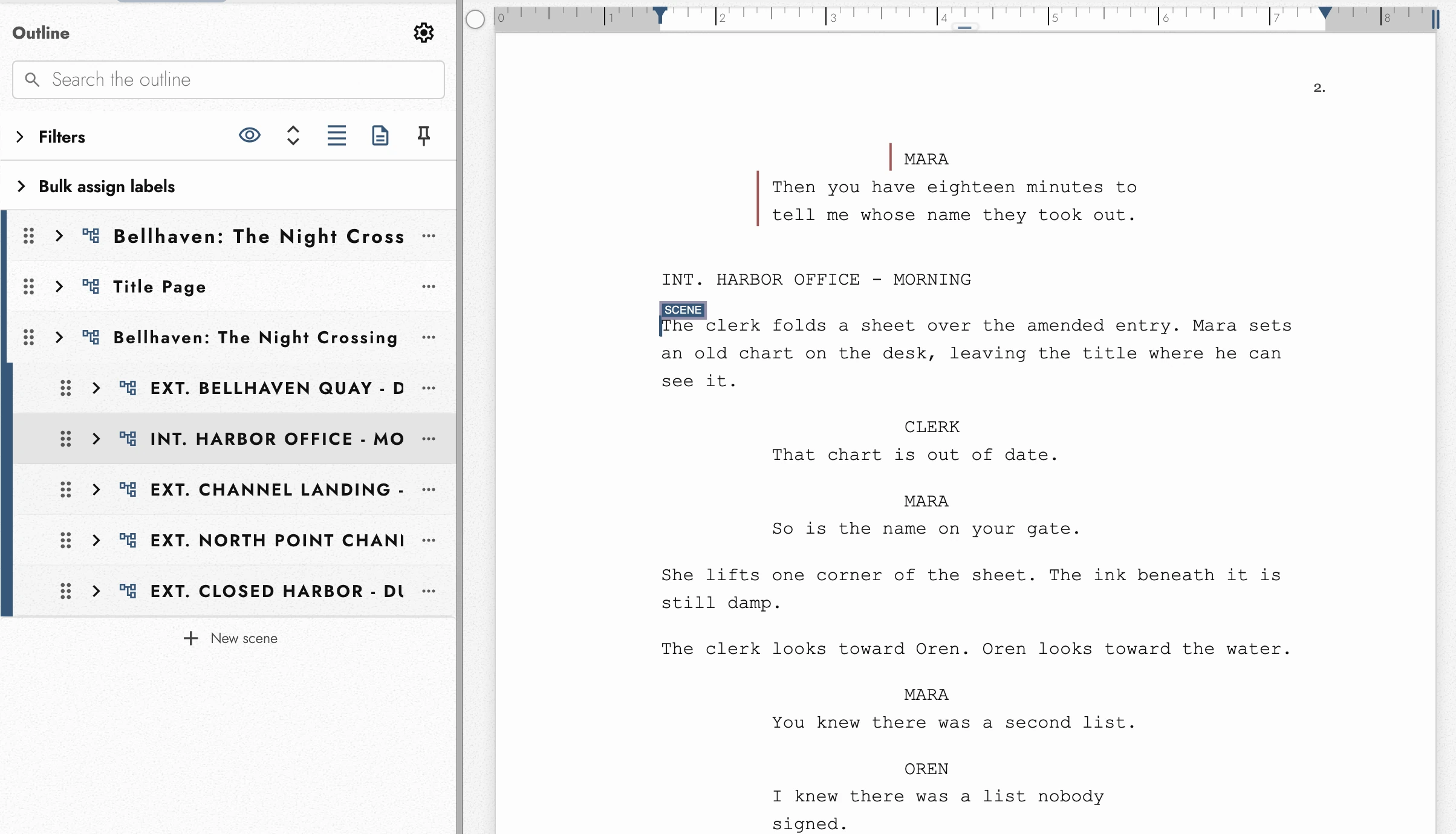 Fountain scene, character, action, and dialogue formatting.