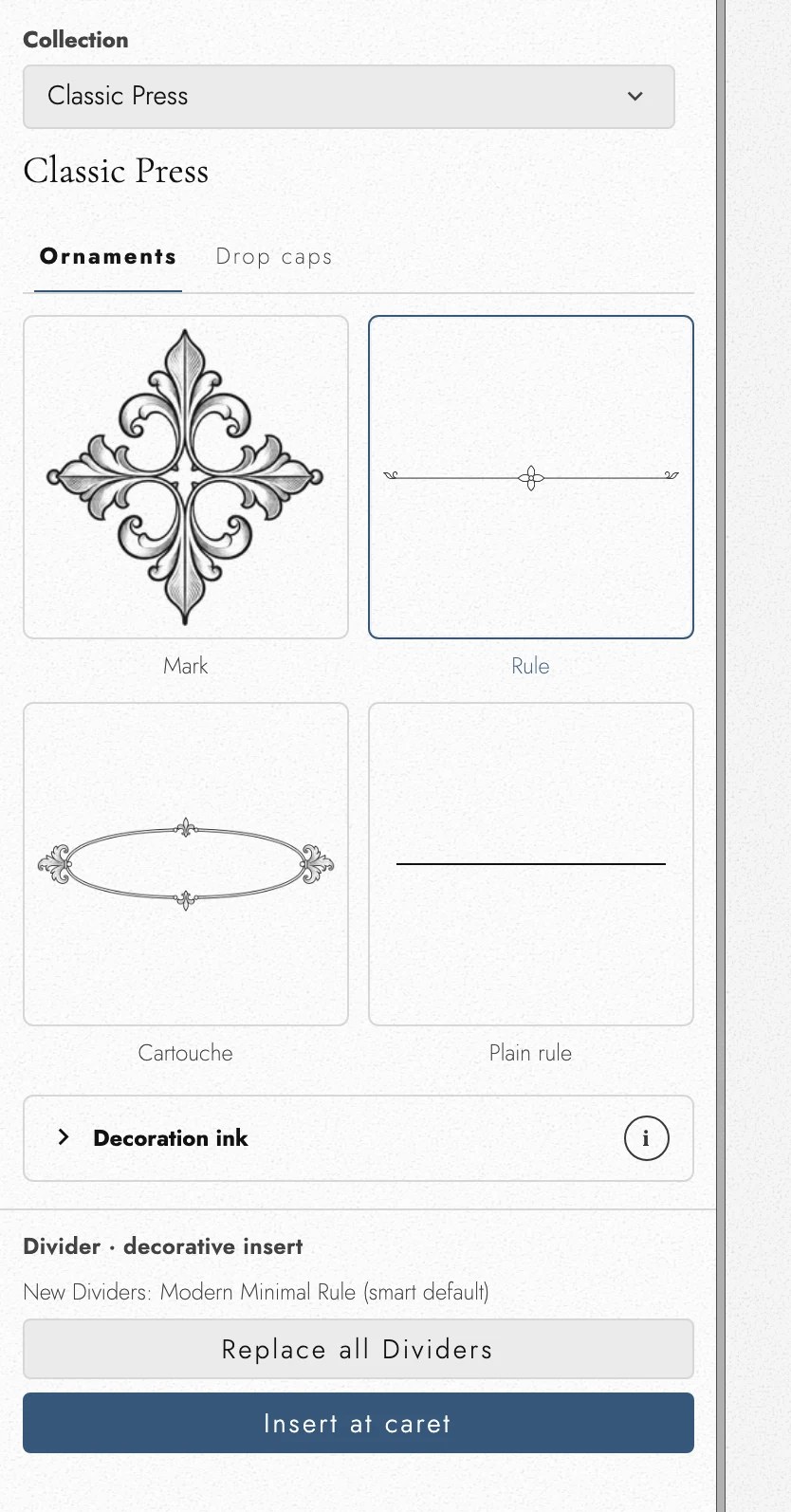 The ornament library shows its Mark, Rule, Cartouche, and Plain rule in the current ink. Decoration ink has its own explanation beside the disclosure.