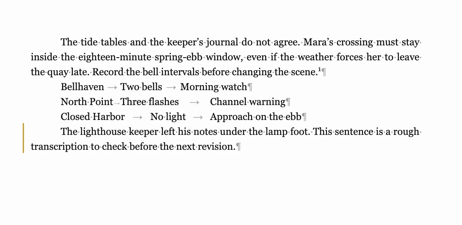Spaces, Tab stops, and paragraph ends with correct spelling.