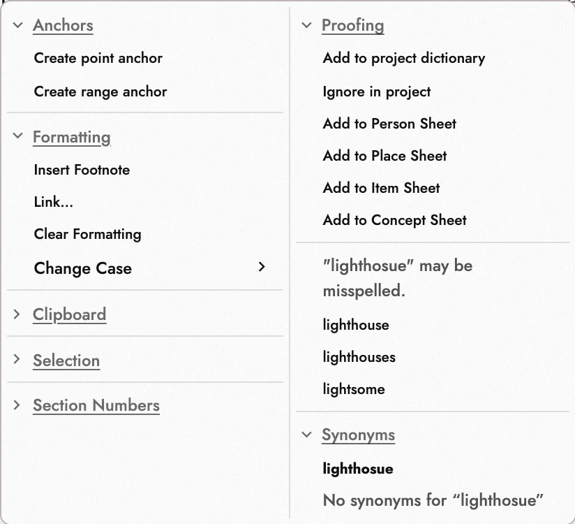Spelling suggestions and Project dictionary choices.