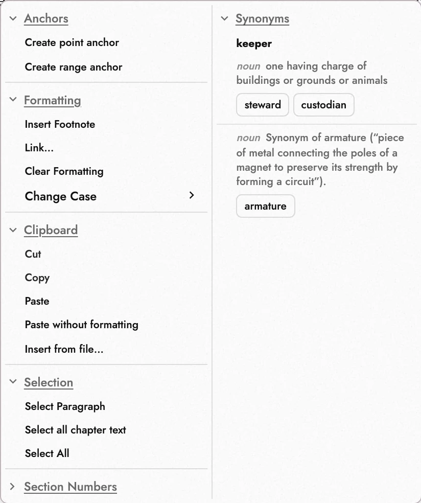 Inline alternatives for keeper, grouped by meaning.