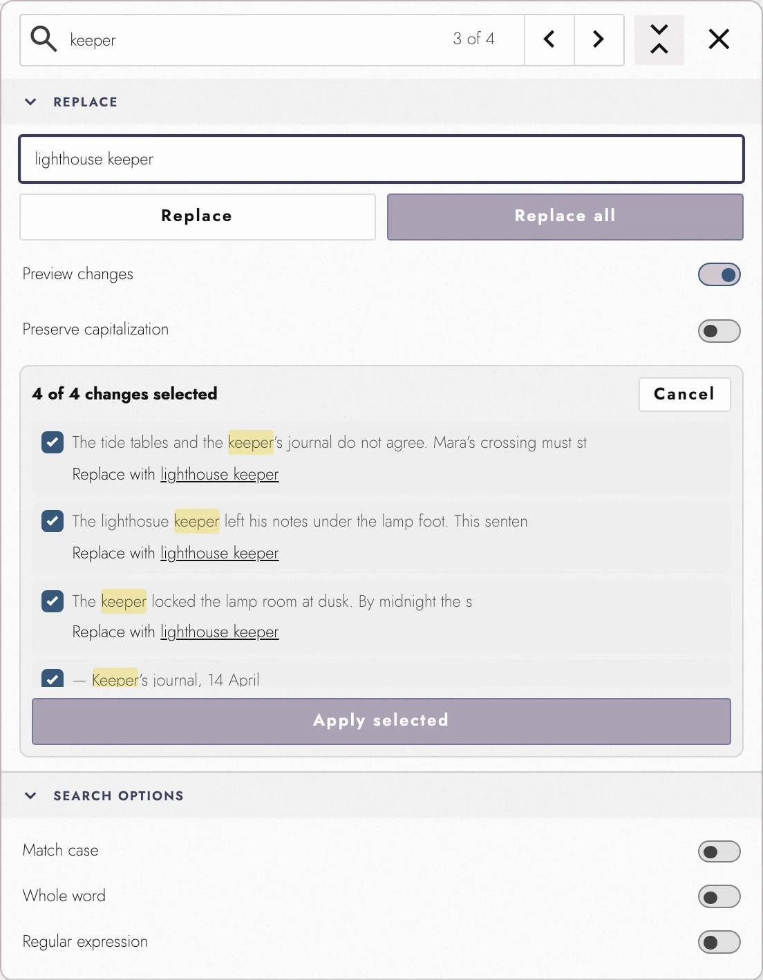 Replace options and preview controls.