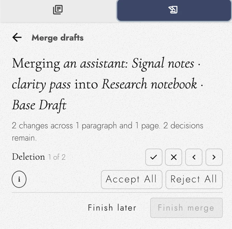 Merge decisions with keyboard help on the bulk-action row.