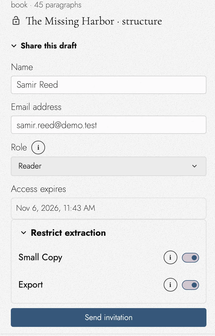 Book-scoped Reader invitation and extraction restrictions.