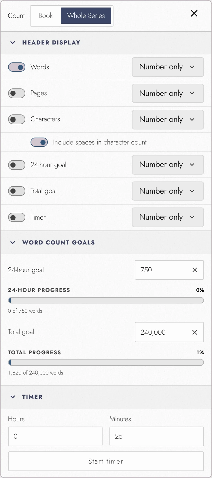 Series statistics, writing goals, and Timer.