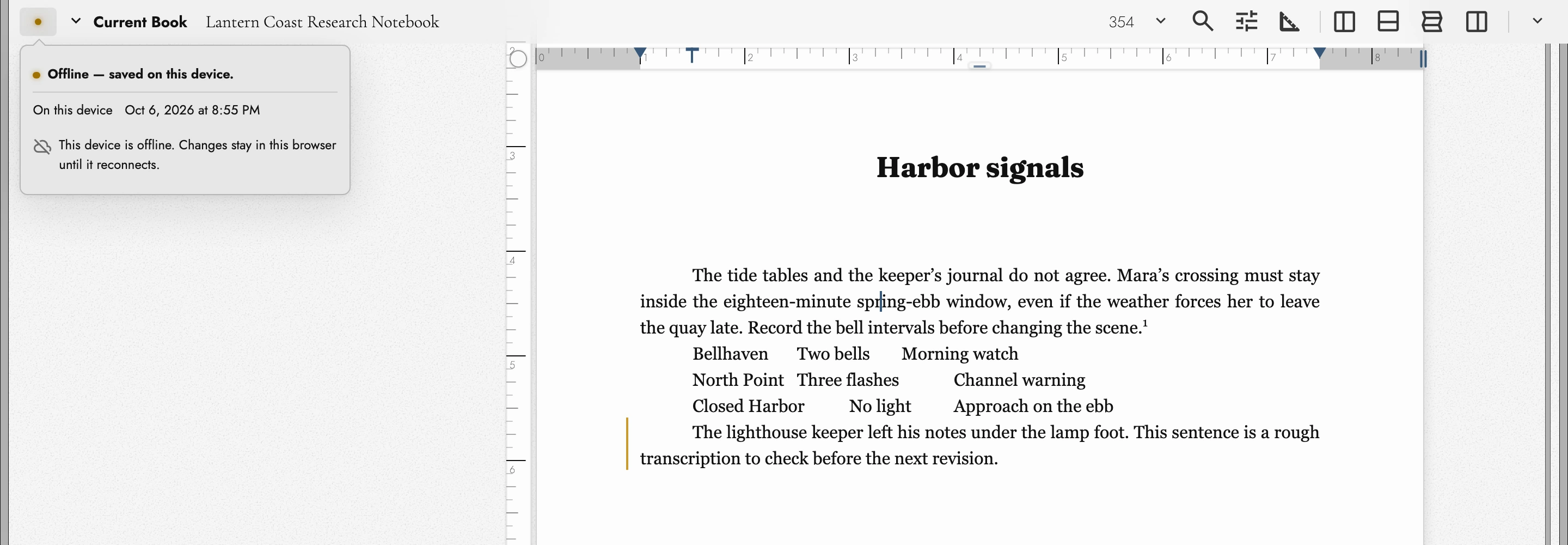 Offline writing with a caret and saved-on-device status.