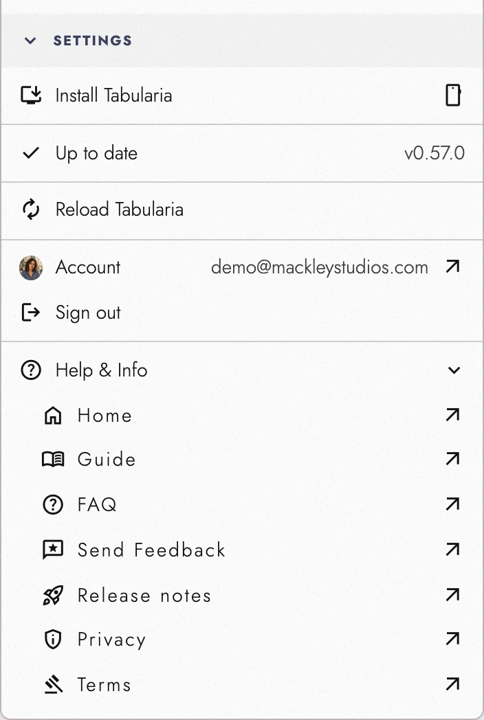 Settings, install, update status, and reload controls.