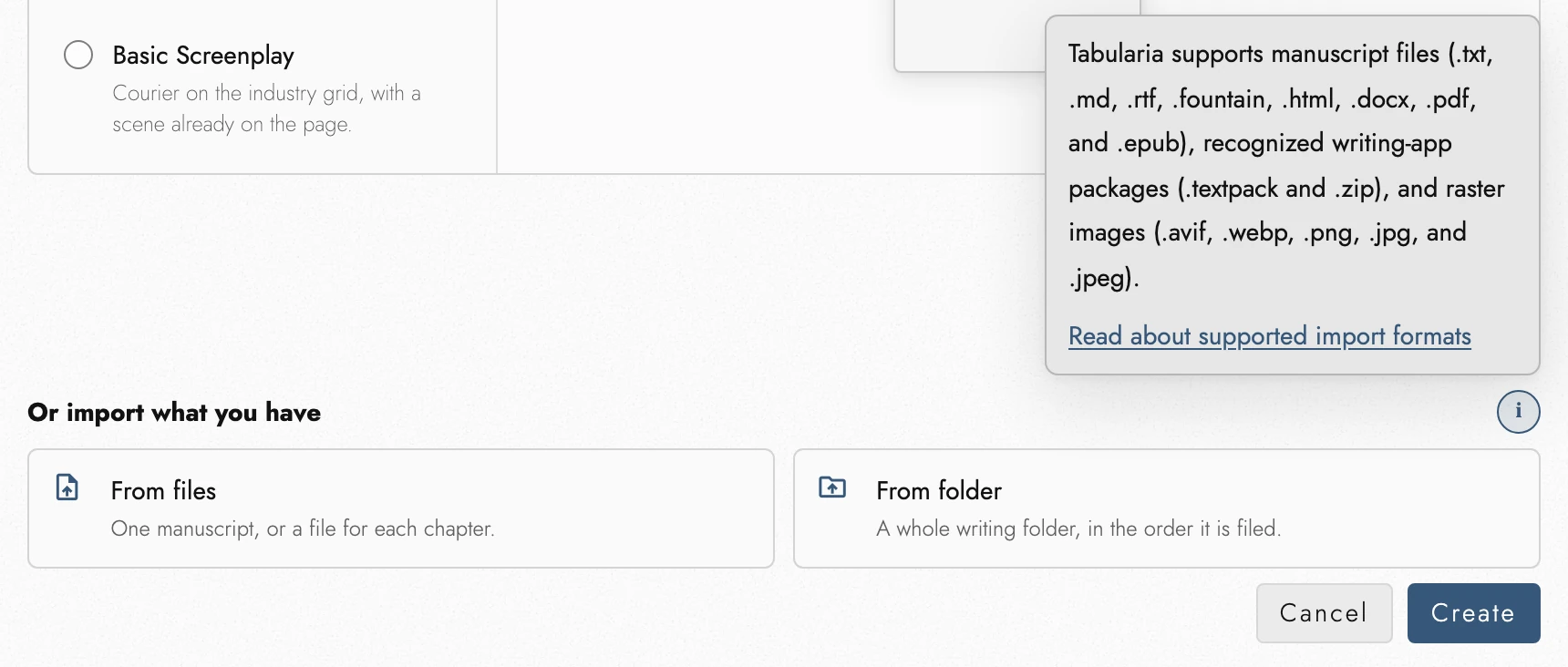 The import section of the New Project dialog, with From files and From folder, and its information button open on the supported import formats.