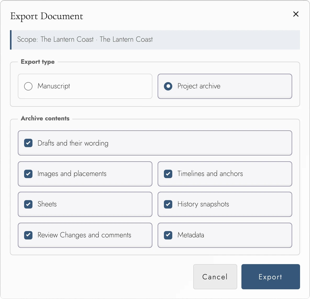 Full Project archive and its seven content groups.