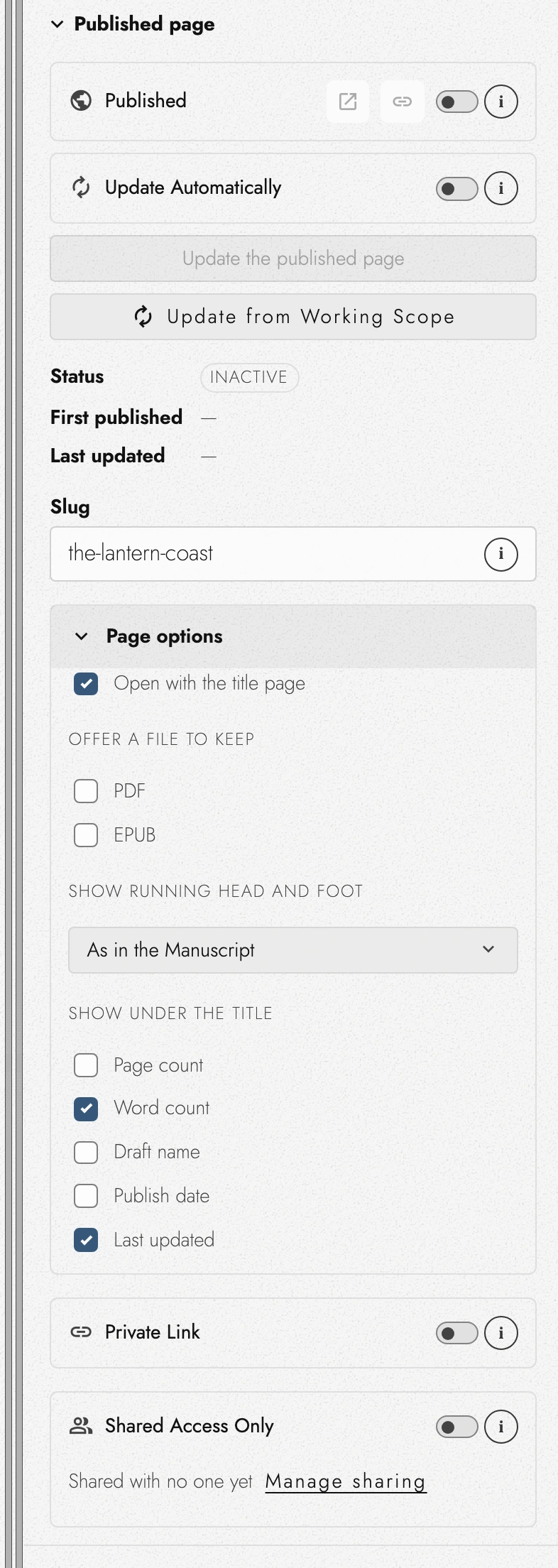 Publishing settings for an editable scoped Draft, with page options expanded.