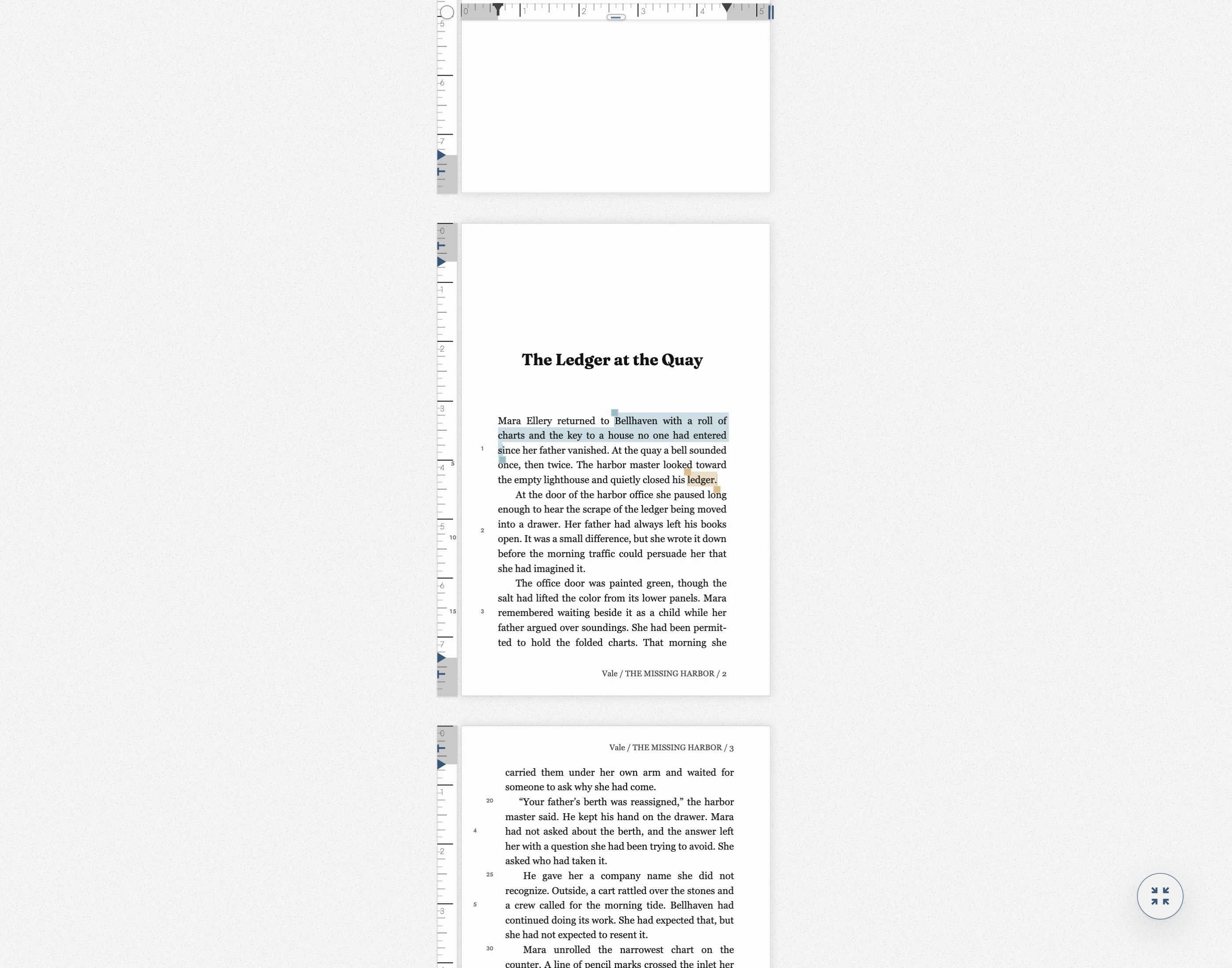 Focus Mode hides the panels, Minimap, and toolbars, leaving only the pages and a button to leave Focus Mode.