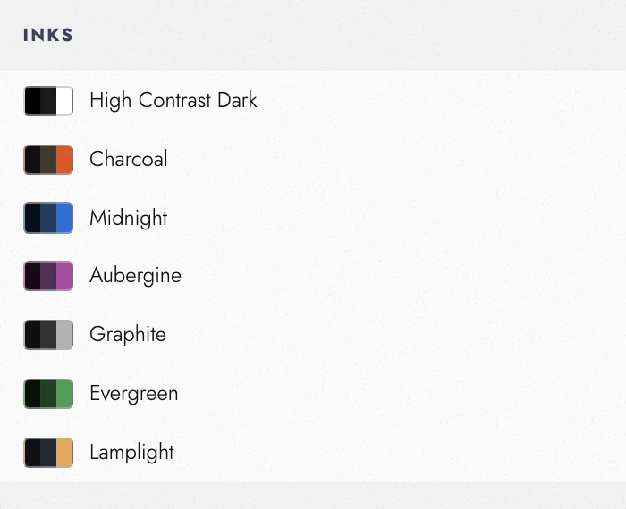 Ink themes in the appearance menu.