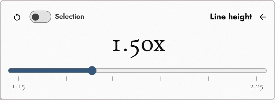 The Line height slider at 1.50x, with the scope switch on Selection and the reset button beside it.