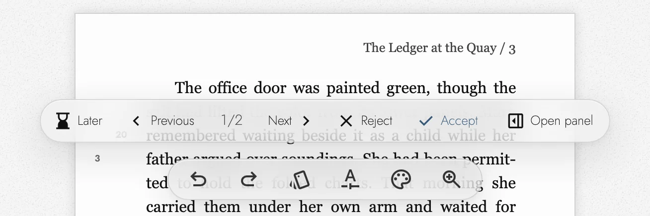 The merge bar above the page toolbar showing Later, Previous, 1/2, Next, Reject, Accept, and Open panel.