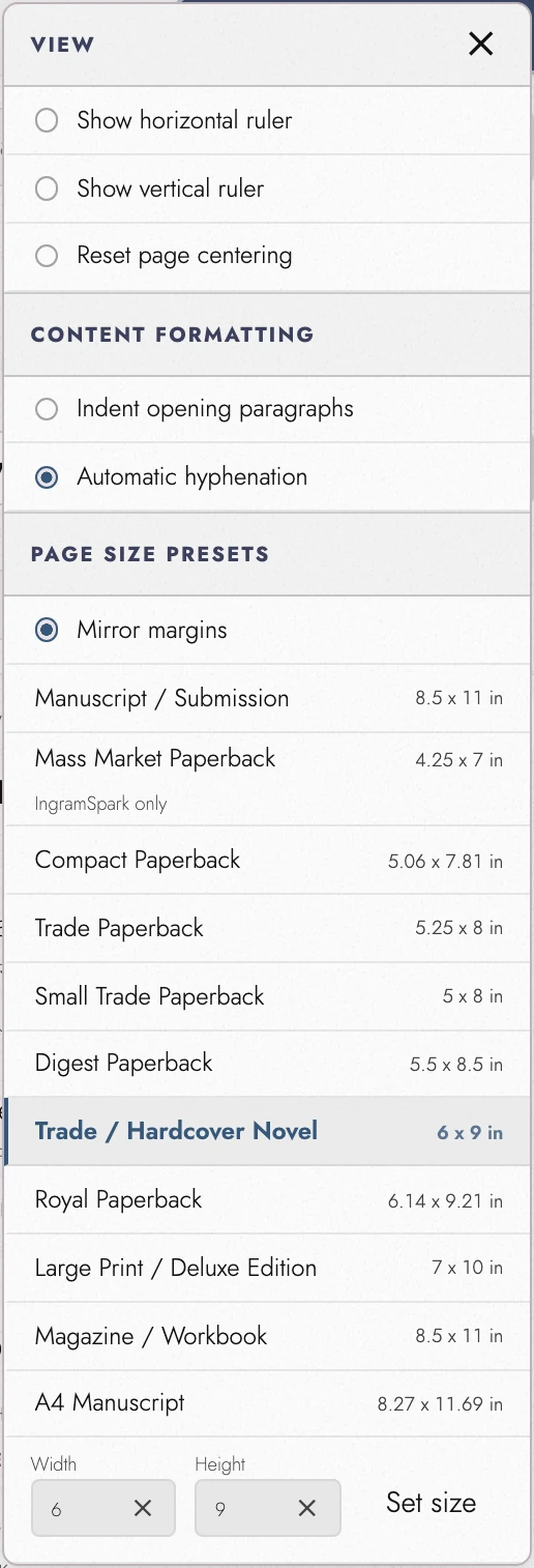 Page size presets menu with mirror margins on; only Mass Market Paperback carries a service line, marked IngramSpark only.