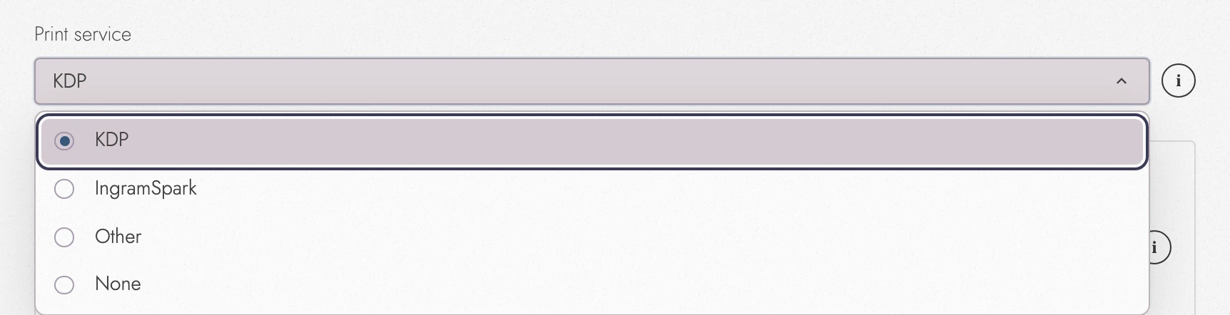 The Print service menu in Settings, Publication, open on KDP, IngramSpark, Other, and None.