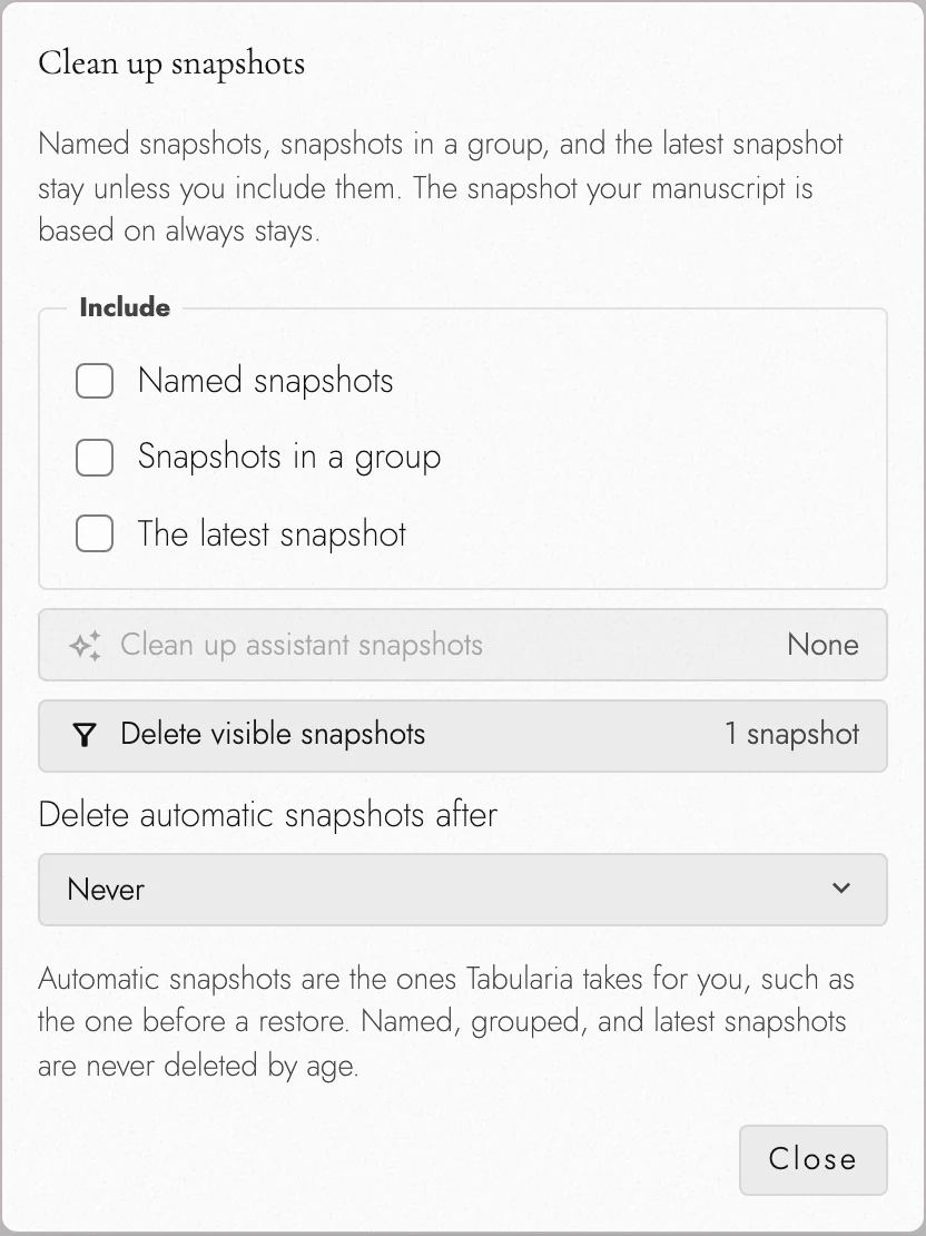 The Clean up snapshots dialog with Named snapshots, Snapshots in a group, and The latest snapshot unchecked, the two delete actions with their counts, and Delete automatic snapshots after set to Never.