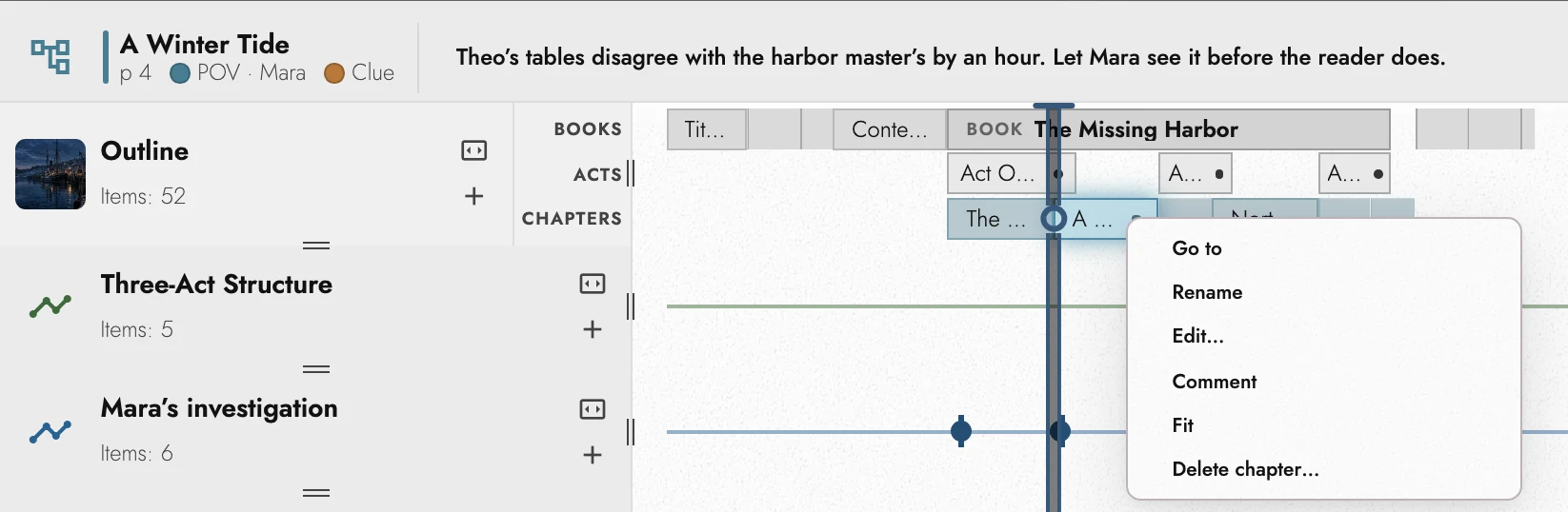 The right-click menu of a Chapter in the Timeline Drawer: Go to, Rename, Edit, Comment, Fit, and Delete chapter.