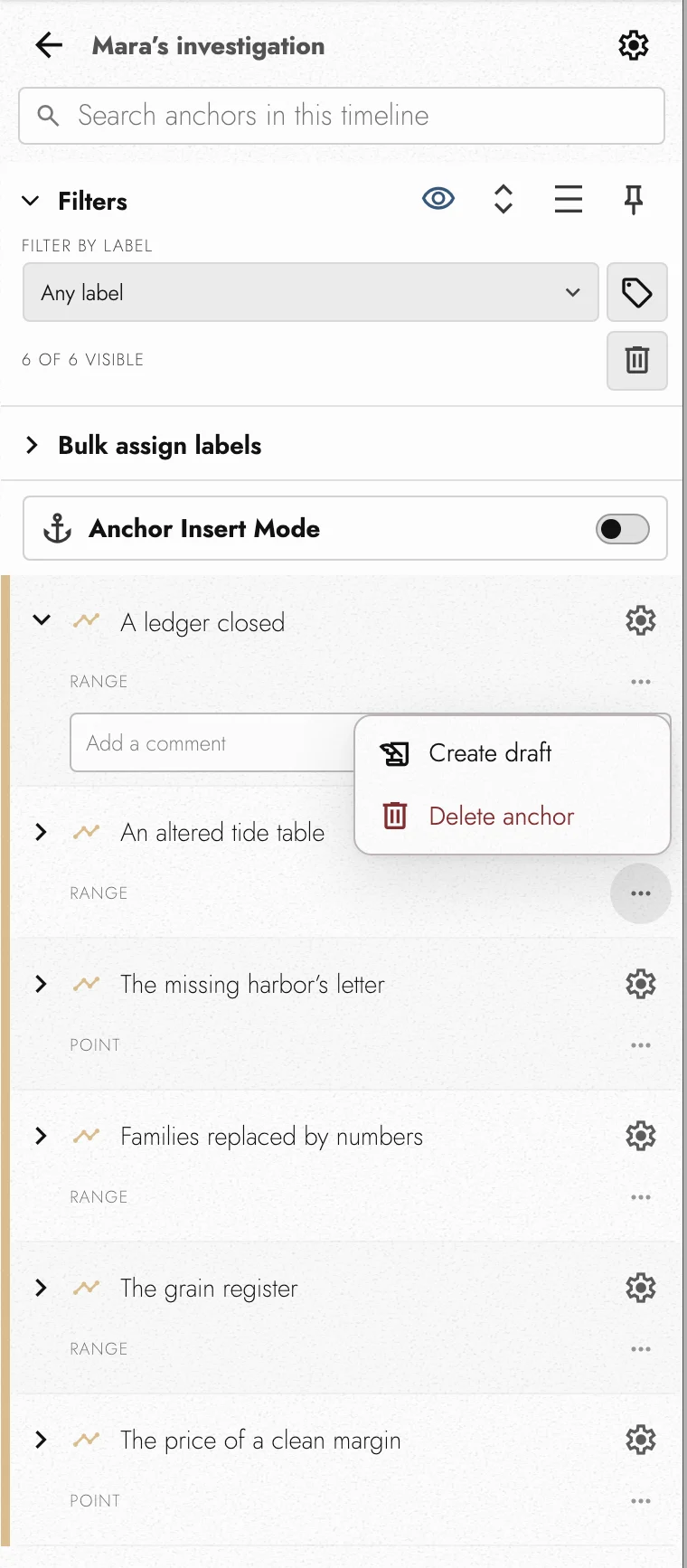 The Mara’s investigation Timeline open in the sidebar, its Range and Point Anchors listed, one Anchor’s comment field showing, and another’s menu offering Create draft and Delete anchor.