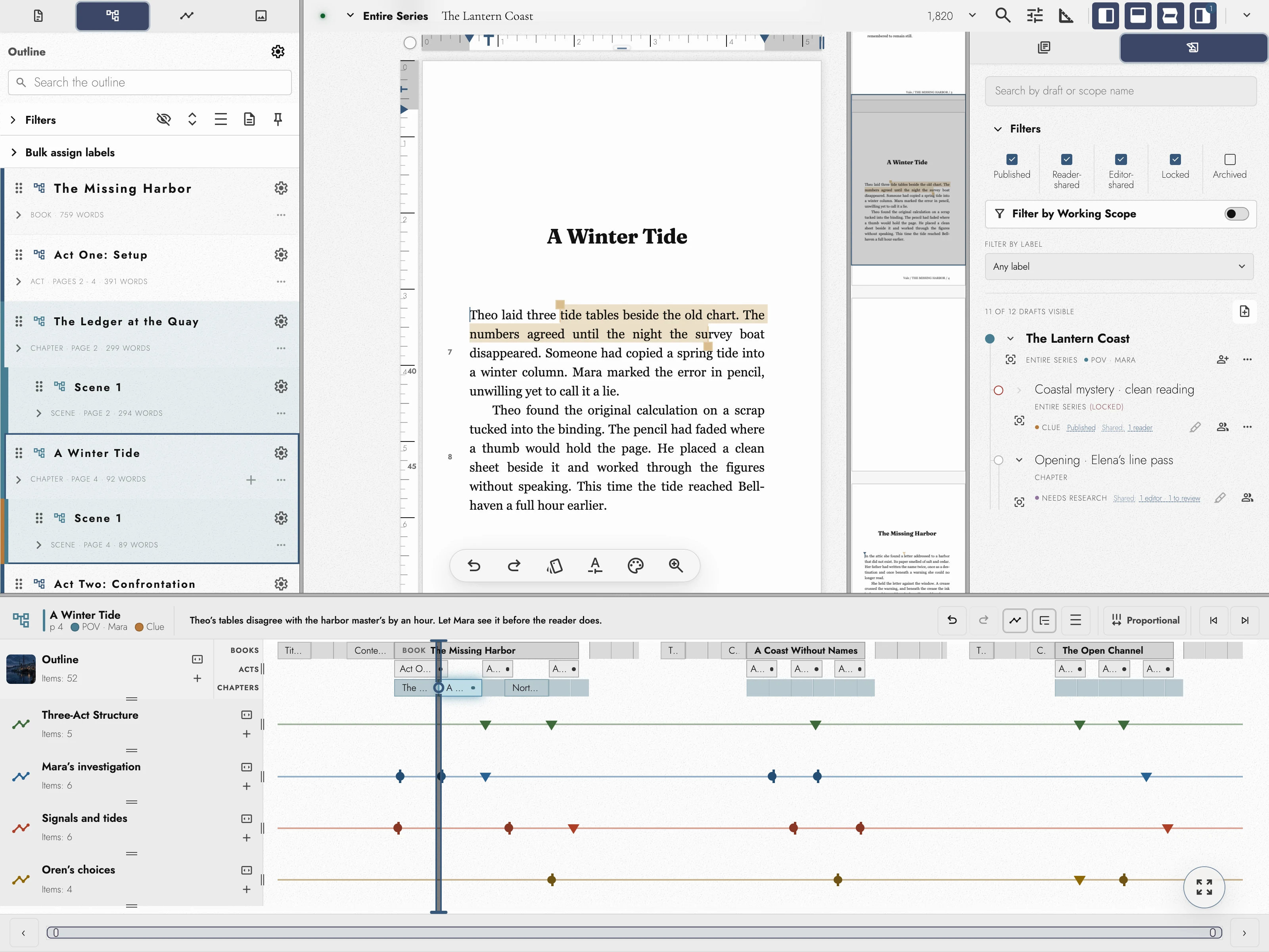 Tabularia with every surface open: the Outline on the left with A Winter Tide selected, the page with its rulers and floating toolbar, the Minimap, Drafts & Sharing on the right, and the Timeline Drawer along the bottom.