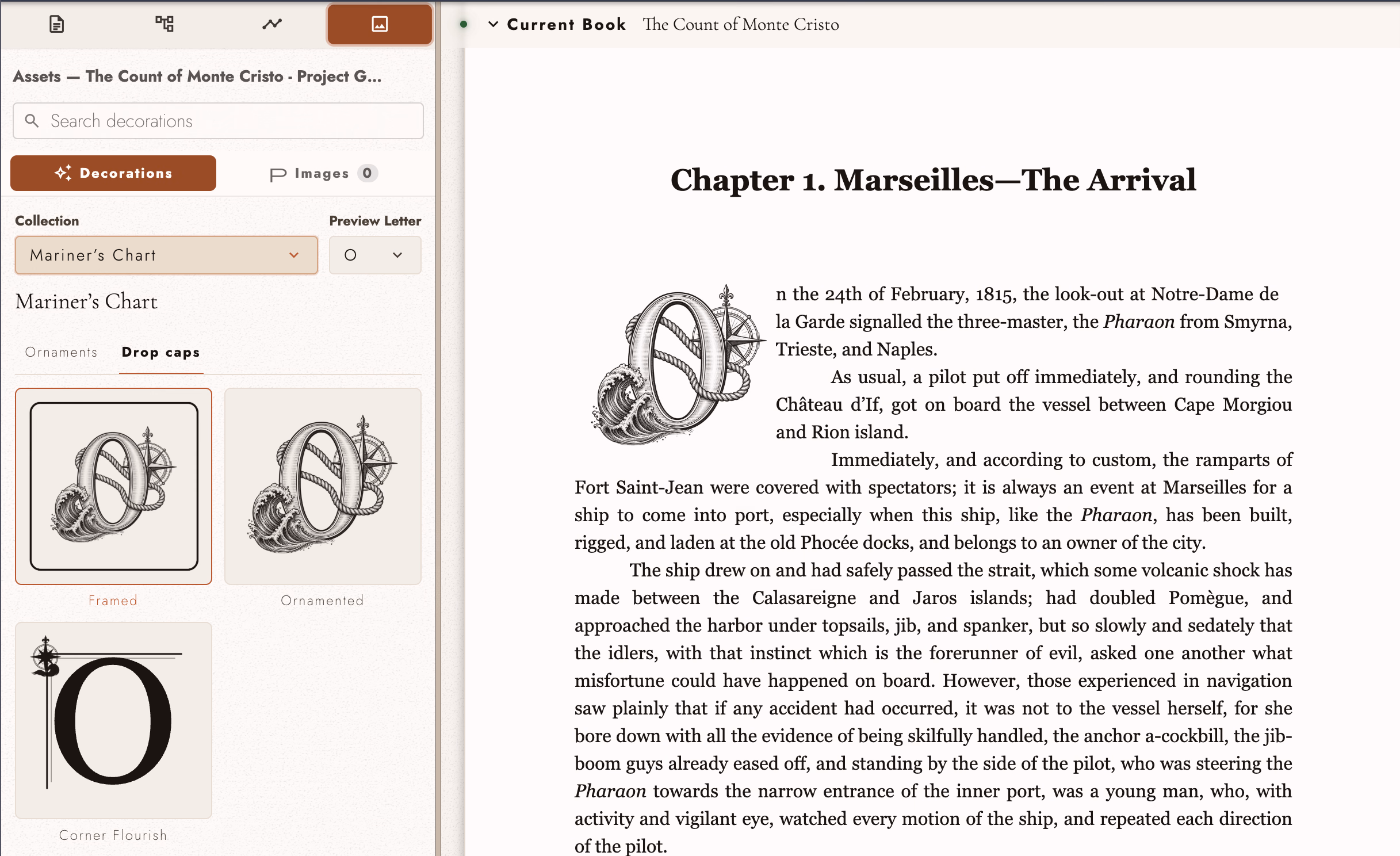 Illustrated drop-cap and ornament choices beside a typeset page of The Count of Monte Cristo