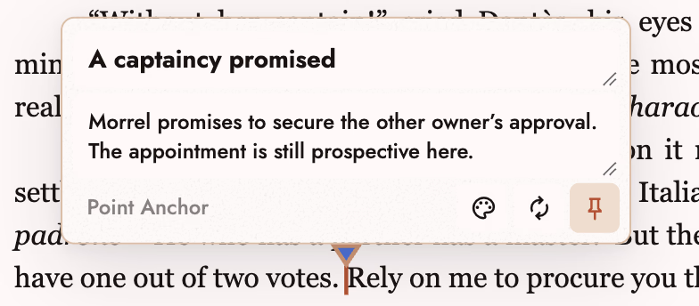 A Captaincy promised Point Anchor note open over a passage of The Count of Monte Cristo, marking the moment in the text below it.