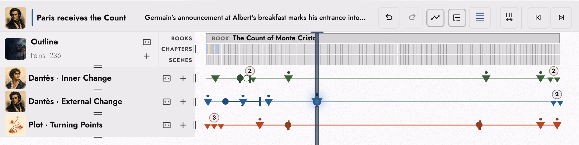 Timeline Drawer with custom timeline lanes for character arcs and plot, each marker anchored to a passage, and the selected marker's comment in the header