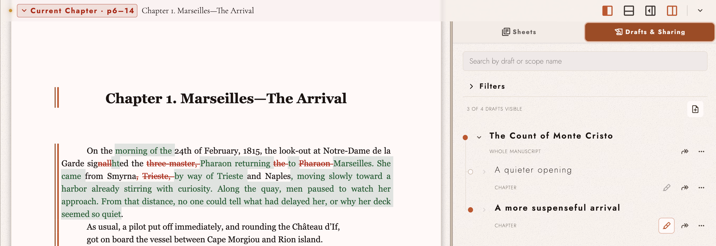 A manuscript chapter beside two alternative drafts, with the active revision visible in the page