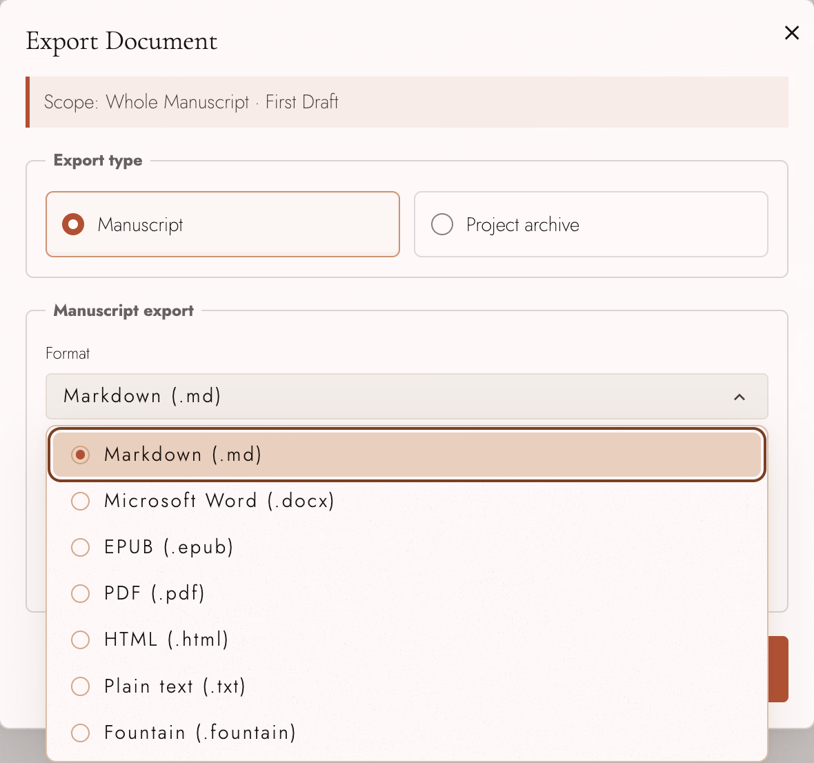 Export Document dialog for the whole manuscript with the format list open on Markdown, Word, EPUB, PDF, HTML, plain text, and Fountain.