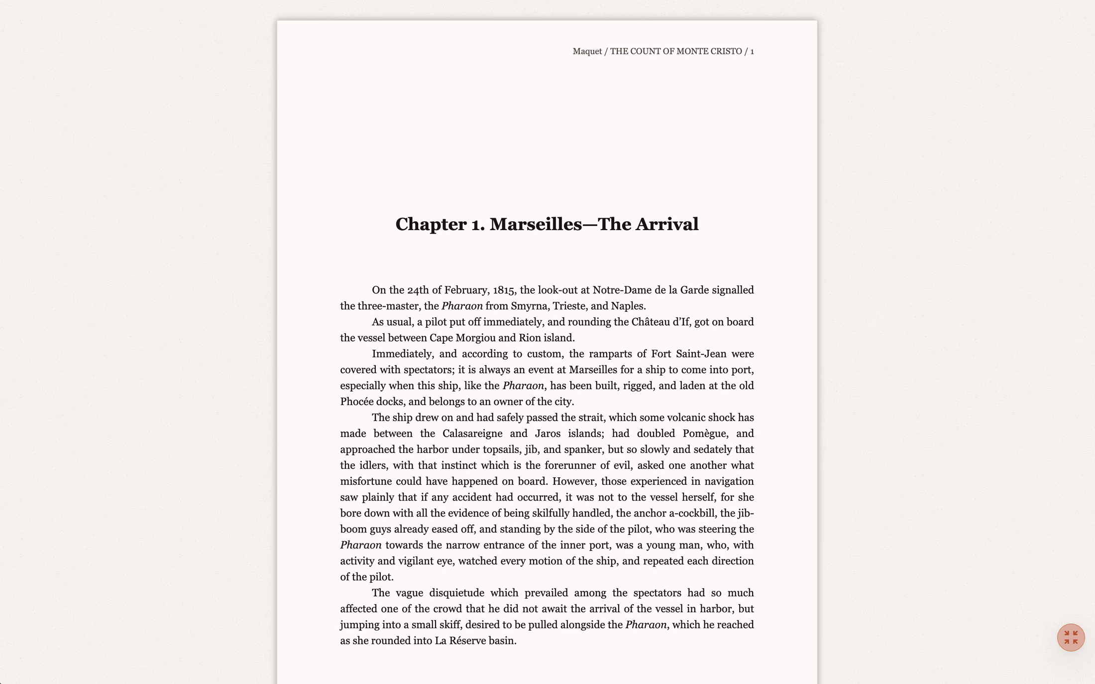 The Count of Monte Cristo open in Focus Mode, the page alone on an empty workspace with only the control that leaves it again in the corner.