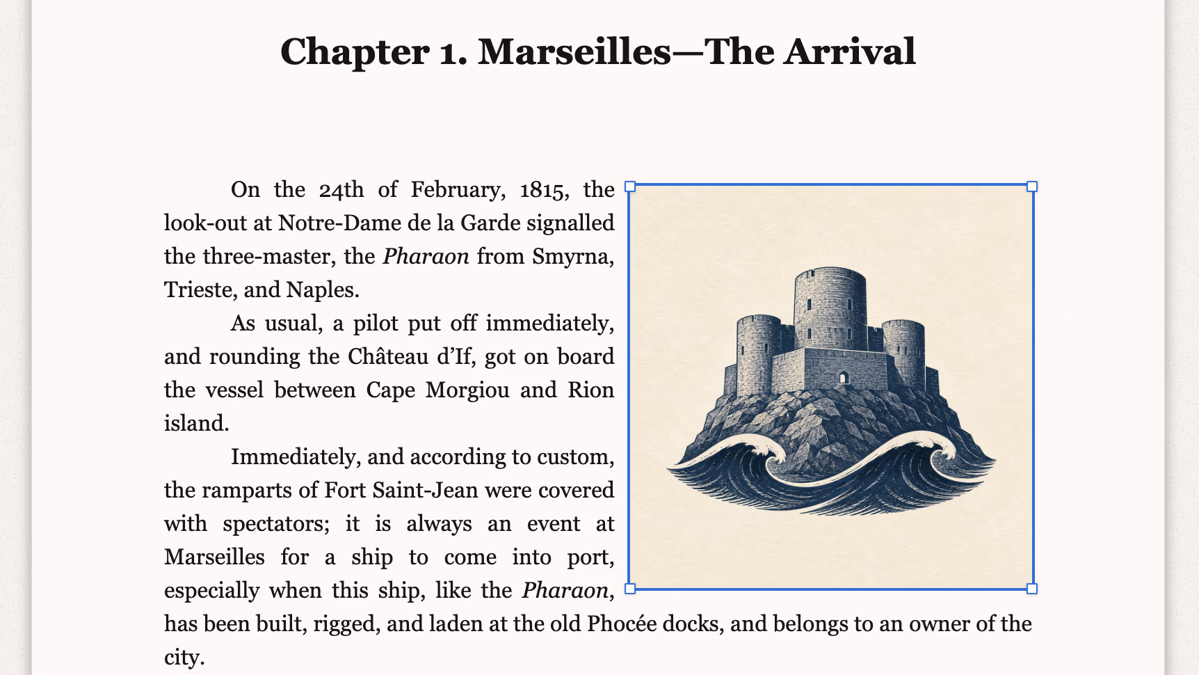 An engraving of the Château d’If placed in the opening page of The Count of Monte Cristo, with the paragraphs flowing around it and its corner handles showing.